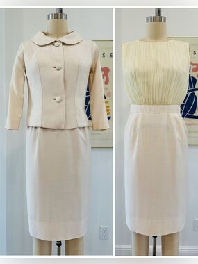 Vintage Custom Made Cream Two-Piece Dress & Jacket Suit
